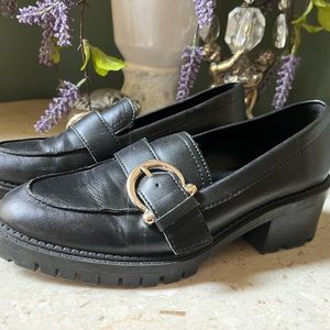 Marc Fisher black heeled loafer with lug soles, size 7